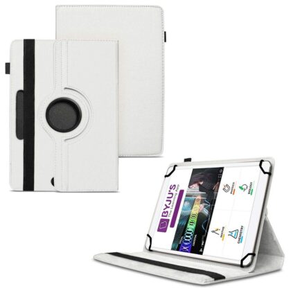TGK 360 Degree Rotating Universal 3 Camera Hole Leather Stand Case Cover for Byju Learning Tab 10 inch Tablet – White