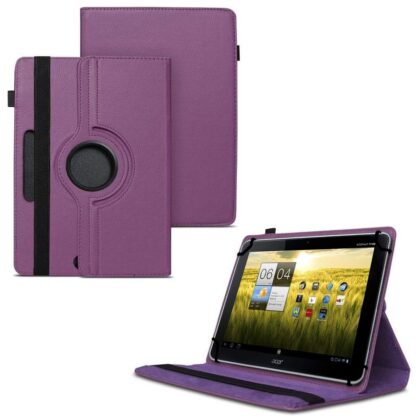 TGK 360 Degree Rotating Universal 3 Camera Hole Leather Stand Case Cover for Acer Iconia Tab A210-10g16u 10.1-Inch Tablet – Purple