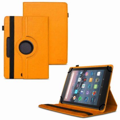 TGK 360 Degree Rotating Universal 3 Camera Hole Leather Stand Case Cover for Fire HD 8 Tablet 8 inch – Orange