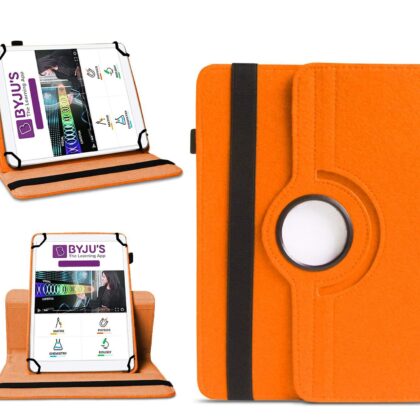 TGK 360 Degree Rotating Universal 3 Camera Hole Leather Stand Case Cover for Byju Learning Tab 10 inch Tablet – Orange