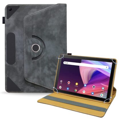 TGK Rotating Leather Flip Case with Viewing Stand Cover for TCL Tab 10 FHD Tablet (Stone-Grey)