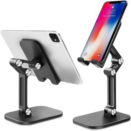 TGK Cell Phone Stand, Foldable & Adjustable Compact Desktop Tablet/Phone Holder, Desktop Tablet Stand Compatible with Mobile Phone/iPad/Tablet (Black)