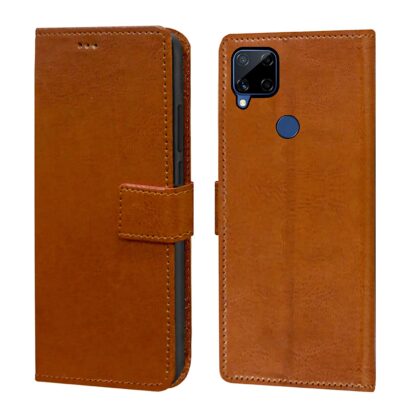 TGK 360 Degree Protection | Protective Design Leather Wallet Flip Cover with Card Holder | Photo Frame | Inner TPU Back Case Compatible for Realme C15 / Realme C12 (Brown)