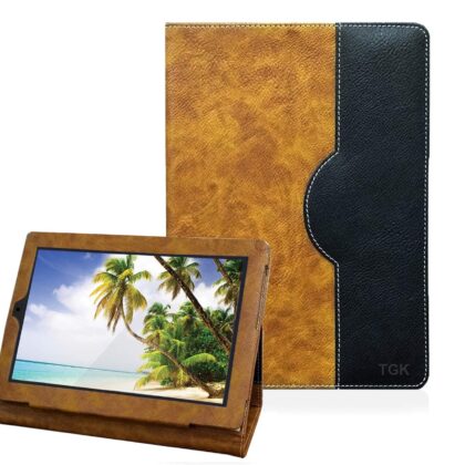 TGK Genuine Leather Business Design Ultra Compact Slim Folding Folio Cover Case for iBall Elan 3×32 10.1 inch Tablet (Brown)