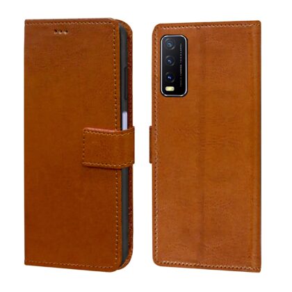 TGK 360 Degree Protection | Protective Design Leather Wallet Flip Cover with Card Holder | Photo Frame | Inner TPU Back Case Compatible for Vivo Y20 / Y20i (Brown)