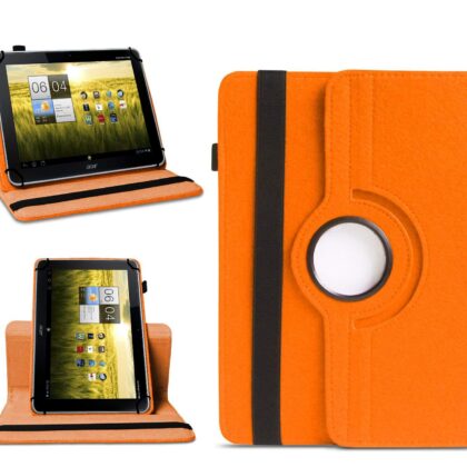 TGK 360 Degree Rotating Universal 3 Camera Hole Leather Stand Case Cover for Acer Iconia Tab A210-10g16u 10.1-Inch Tablet – Orange