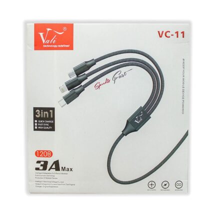 Vali VC-11 3A Max Nylon Braided Multifunction Fast Charging Cable for Android, Type C and iOS Devices, 3 in 1 Charging Cable (Black)