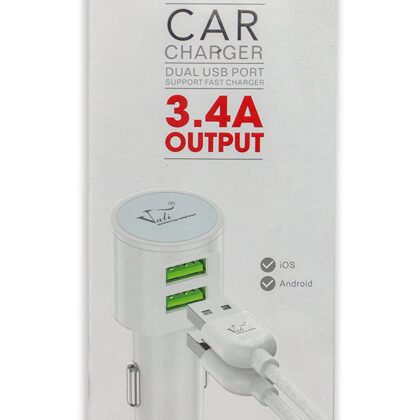 Vali-VC-29 2 USB Port Car Charger/Adapter 3.4A Output Fast Charging, Quick Charge with Free 8-Pin USB Cable (White)