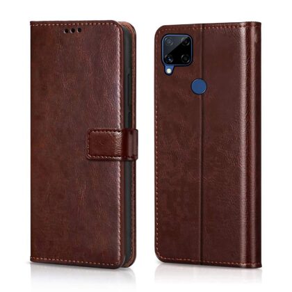 TGK 360 Degree Protection | Protective Design Leather Wallet Flip Cover with Card Holder | Photo Frame | Inner TPU Back Case Compatible for Realme C15 / Realme C12 (Dark Brown)