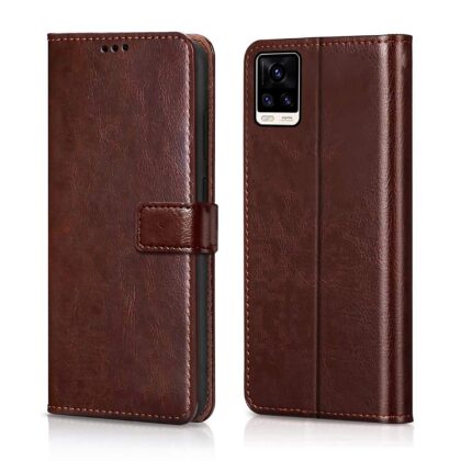TGK 360 Degree Protection | Protective Design Leather Wallet Flip Cover with Card Holder | Photo Frame | Inner TPU Back Case Compatible for Vivo V20 (Dark Brown)