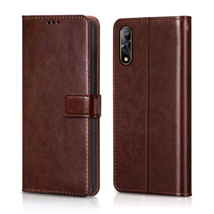 TGK 360 Degree Protection | Protective Design Leather Wallet Flip Cover with Card Holder | Photo Frame | Inner TPU Back Case Compatible for Vivo S1 / Vivo Z1x (Dark Brown)