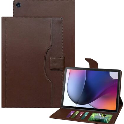 TGK Multi-Angle Viewing Smart Stand with Document Card Pocket Wallet Leather Flip Case Cover for Motorola Moto Tab G62 10.6 inch Tablet (Dark Brown)