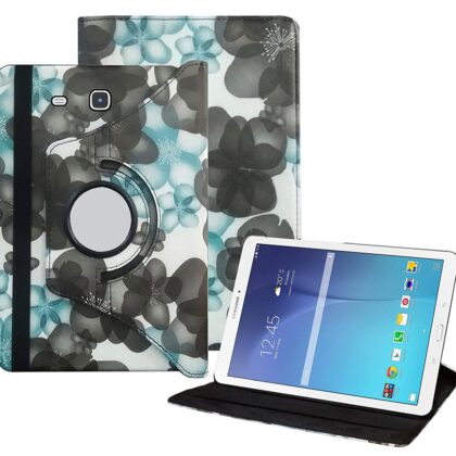 TGK Flower Print Design 360 Degree Rotating Leather Smart Case Cover for?Samsung Galaxy Tab E 9.6 inch SM-T560, SM-T561, SM-T565, SM-T567V – Black