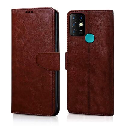 TGK 360 Degree Protection Protective Design Leather Wallet Flip Cover with Card Holder Photo Frame Inner TPU Back Case Compatible for Infinix Hot 10 (Brown)