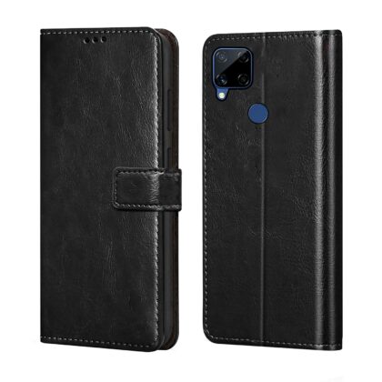TGK 360 Degree Protection | Protective Design Leather Wallet Flip Cover with Card Holder | Photo Frame | Inner TPU Back Case Compatible for Realme C15 / Realme C12 (Black)