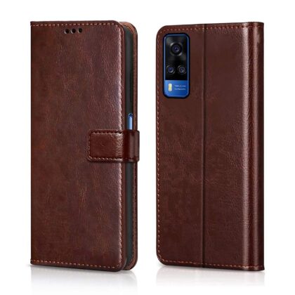 TGK 360 Degree Protection | Protective Design Leather Wallet Flip Cover with Card Holder | Photo Frame | Inner TPU Back Case Compatible for Vivo Y51 (2020) (Dark Brown)