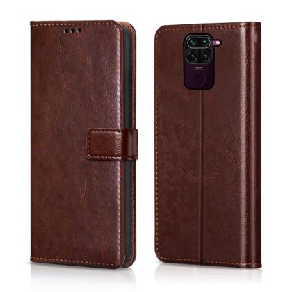 TGK 360 Degree Protection | Protective Design Leather Wallet Flip Cover with Card Holder | Photo Frame | Inner TPU Back Case Compatible for Redmi Note 9 (Dark Brown)