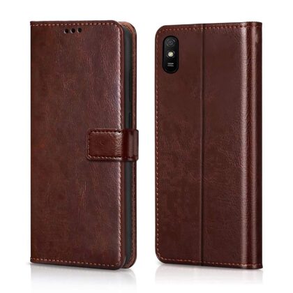 TGK 360 Degree Protection | Protective Design Leather Wallet Flip Cover with Card Holder | Photo Frame | Inner TPU Back Case Compatible for Redmi 9A / Redmi 9i (Dark Brown)