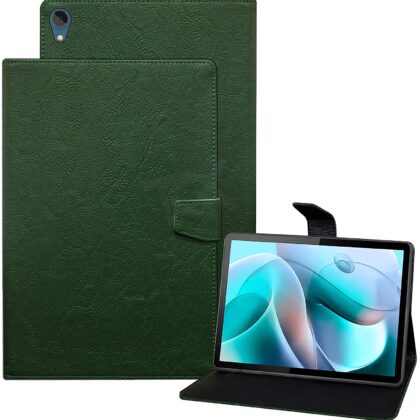 TGK Plain Design Leather Folio Flip Case with Viewing Stand Protective Cover for Motorola Tab G70 | Moto G70 LTE 11 Inch Tablet (Green)