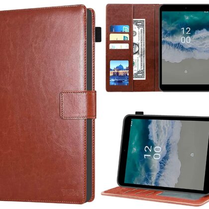 TGK Multi Protective Wallet Leather Flip Stand Case Cover for Nokia Tab T10 8 inch Tablet, Brown