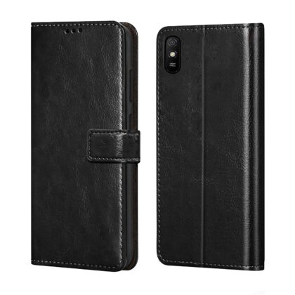 TGK 360 Degree Protection | Protective Design Leather Wallet Flip Cover with Card Holder | Photo Frame | Inner TPU Back Case Compatible for Redmi 9A / Redmi 9i (Black)