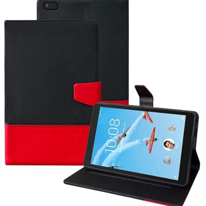 TGK Dual Color Design Leather Flip Case with Viewing Stand Compatible for Lenovo Tab E8 Cover TB-8304F, TB-8304F1, TB-8304N, TB-8304 (8.0 Inch) Tablet (Black- Red)