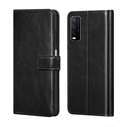 TGK 360 Degree Protection | Protective Design Leather Wallet Flip Cover with Card Holder | Photo Frame | Inner TPU Back Case Compatible for Vivo Y20 / Y20i (Black)
