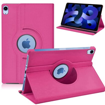 TGK 360 Degree Rotating Leather Smart Rotary Swivel Stand Cover for iPad Air 5th Generation Case (10.9 inch), iPad Air 10.9″ 2022 Released (Hot Pink)