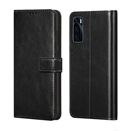 TGK Leather Wallet Flip Cover with Card Holder | Photo Frame | Inner TPU Back Case Compatible for Vivo V20 SE (Black)