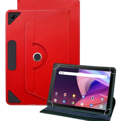 TGK Universal 360 Degree Rotating Leather Rotary Swivel Stand Case for TCL Tab 10 Cover FHD Tablet (Red)