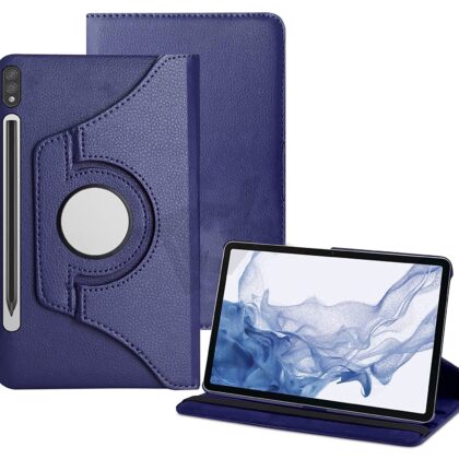 TGK 360 Degree Rotating Leather Smart Rotary Swivel Stand Case Cover for Samsung Galaxy Tab S8/S7 11″ SM-X700/X706/T870/T875, Support S Pen Magnetic Attachment (Dark Blue)