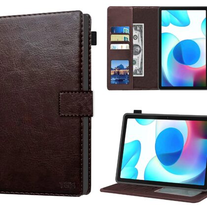TGK Multi Protective Wallet Leather Flip Stand Case Cover for Realme Pad 10.4 inch, Dark Brown