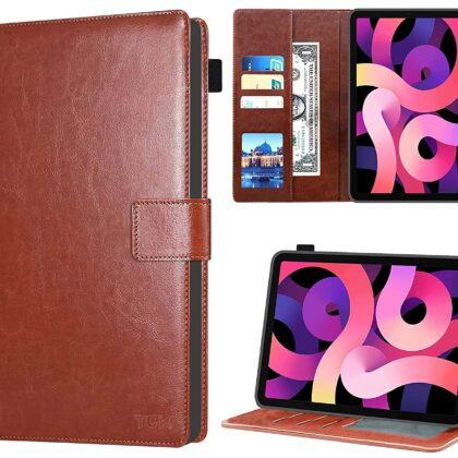 TGK Vintage Leather Wallet Flip Book Cover with Silicone Back Case Compatible for iPad Air 4 10.9 Cover 2020 4th Generation (Model: A2072/A2316/A2324/A2325) (Brown)