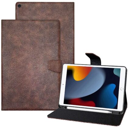 TGK Executive Leather Folio Flip Case Cover for iPad 10.2 Cover 2021/2020/2019 (iPad 9th Generation / 8th Gen / 7th Gen) with Pencil Holder (Brown)