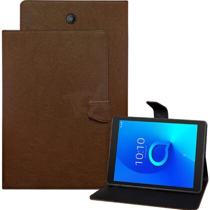 TGK Plain Design Leather Flip Stand Case Cover for Alcatel 3T8 Tablet 8 inches (Brown)