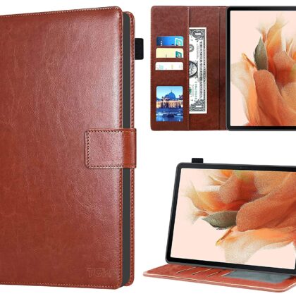 TGK Multi Protective Wallet Leather Flip Stand Case Cover for Samsung Galaxy Tab S8 Plus/S7 Plus/S7 FE 12.4 inch, Brown