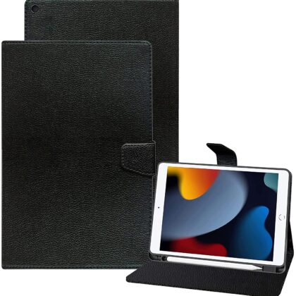 TGK Executive Leather Folio Flip Case Cover for iPad 10.2 Cover 2021/2020/2019 (iPad 9th Generation / 8th Gen / 7th Gen) Model with Pencil Holder (Black)