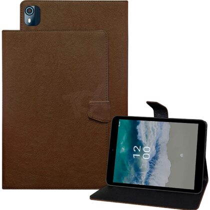 TGK Plain Design Leather Protective Cover with Viewing Stand Back Flip Stand Case Cover for Nokia Tab T10 8 inch Tablet TA-1472 with Precise Cutouts (Brown)