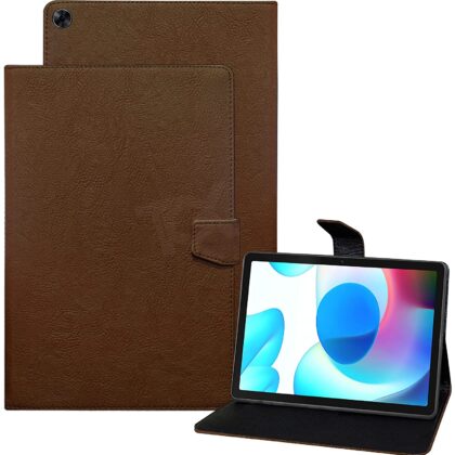 TGK Plain Design Leather Folio Flip Case with Viewing Stand Protective Cover for Realme Pad 10.4 inch Tablet [RMP2102/ RMP21023] Brown