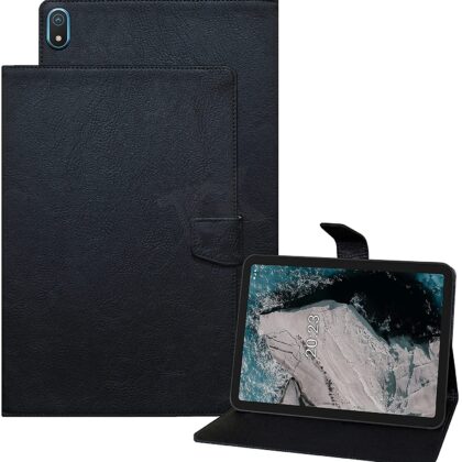 TGK Plain Design Leather Folio Flip Case with Viewing Stand Protective Cover for Nokia Tab T20 10.4 inch Tablet / Nokia T20 Tab 10.36 Inch 2021 [Model TA-1392 TA-1394 TA-1397] (Black)