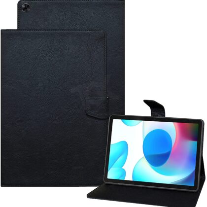 TGK Plain Design Leather Folio Flip Case Protective Cover for Realme Pad 10.4 inch Tablet [RMP2102/ RMP21023] Black