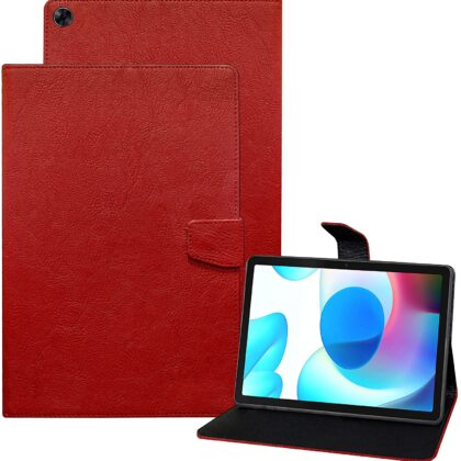 TGK Plain Design Leather Folio Flip Case with Viewing Stand Protective Cover for Realme Pad 10.4 inch Tablet [RMP2102/ RMP21023] Red